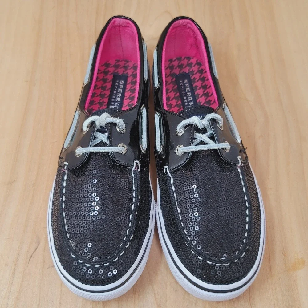 SPERRY TOP-SIDER Women's Boat Shoes Sz 4.5 M Bahama Black Glitter Casual Comfort